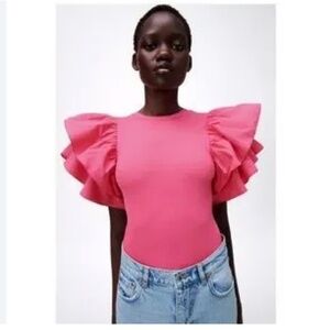 Zara Pink Ribbed Puff Short Sleeve Bodysuit Medium